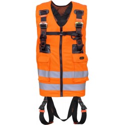 Full body harness with orange high visibility work vest
