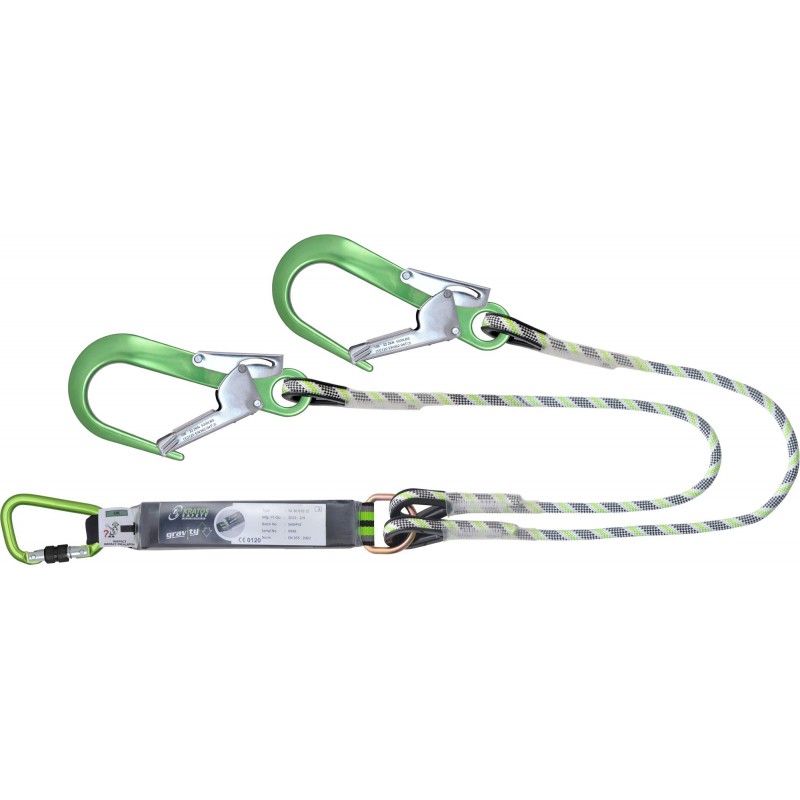 Forked energy absorbing kernmantle rope lanyard 1.50 mtr with green aluminium hooks