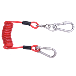 Coil tool lanyard with integrated karabiners for connecting tools to a tool-holding point on the harness or the belt of the user