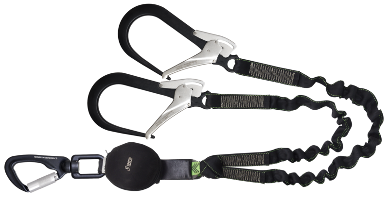 GRAVITY-S, Longe fourche absorbeur d'énergie compact (140 kg, arêtes vives), sangle élastique lg. 1,50 m, avec crochets d'échafaudage aluminium grande ouvertu
