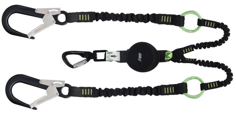 GRAVITY-S, Longe fourche  absorbeur d'énergie compact (140 kg, arêtes vives), sangle élastique lg. 2 m, avec anneaux intermédiaires d'accrochage