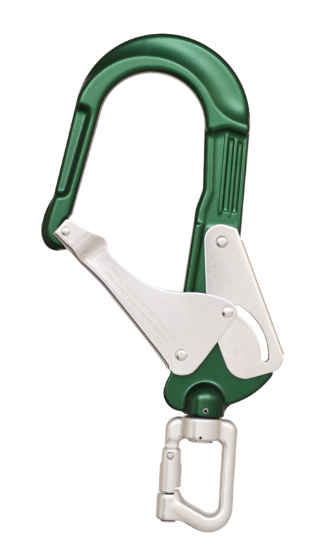 HUKA-2 - Mousqueton d'échafaudage aluminium à verrouillage automatique avec œil de connexion ouvrable et émerillon